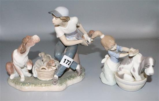 Lladro boy on barrel with puppies & girl washing dog (2)
